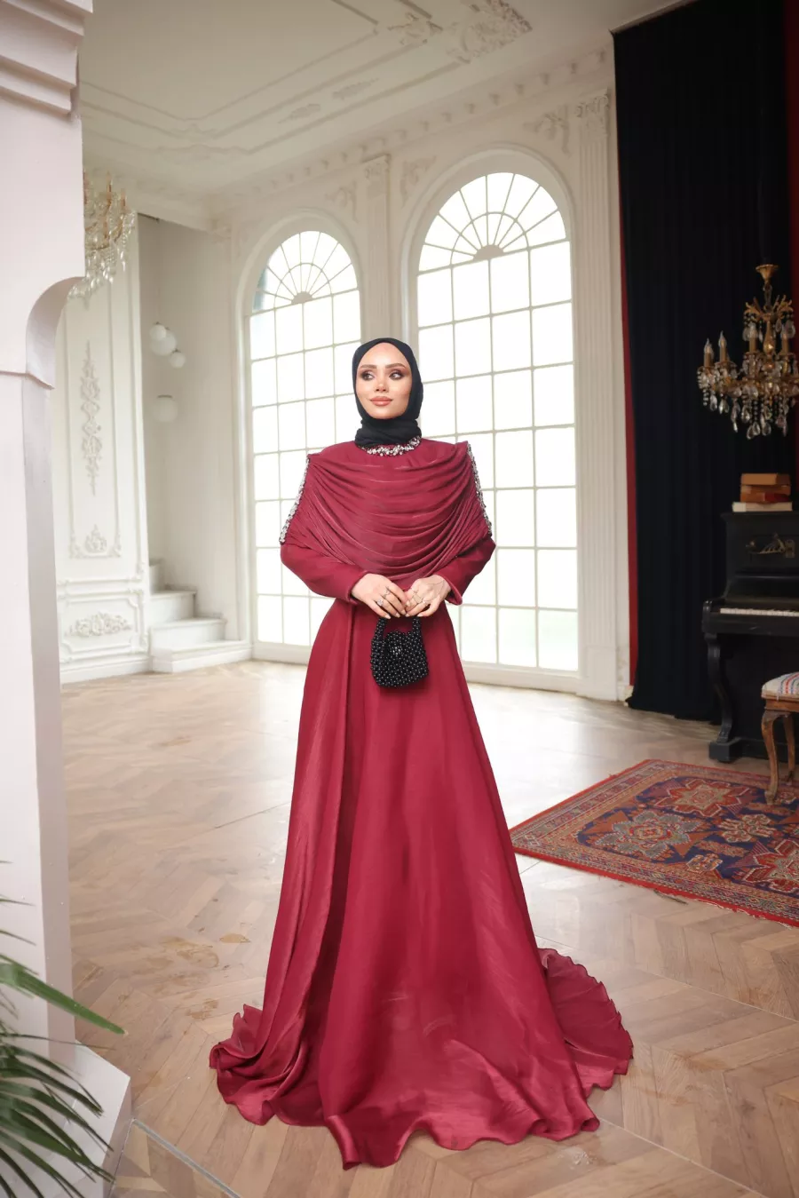 Göğüs Drape Geçişli Uzun Kol Abiye