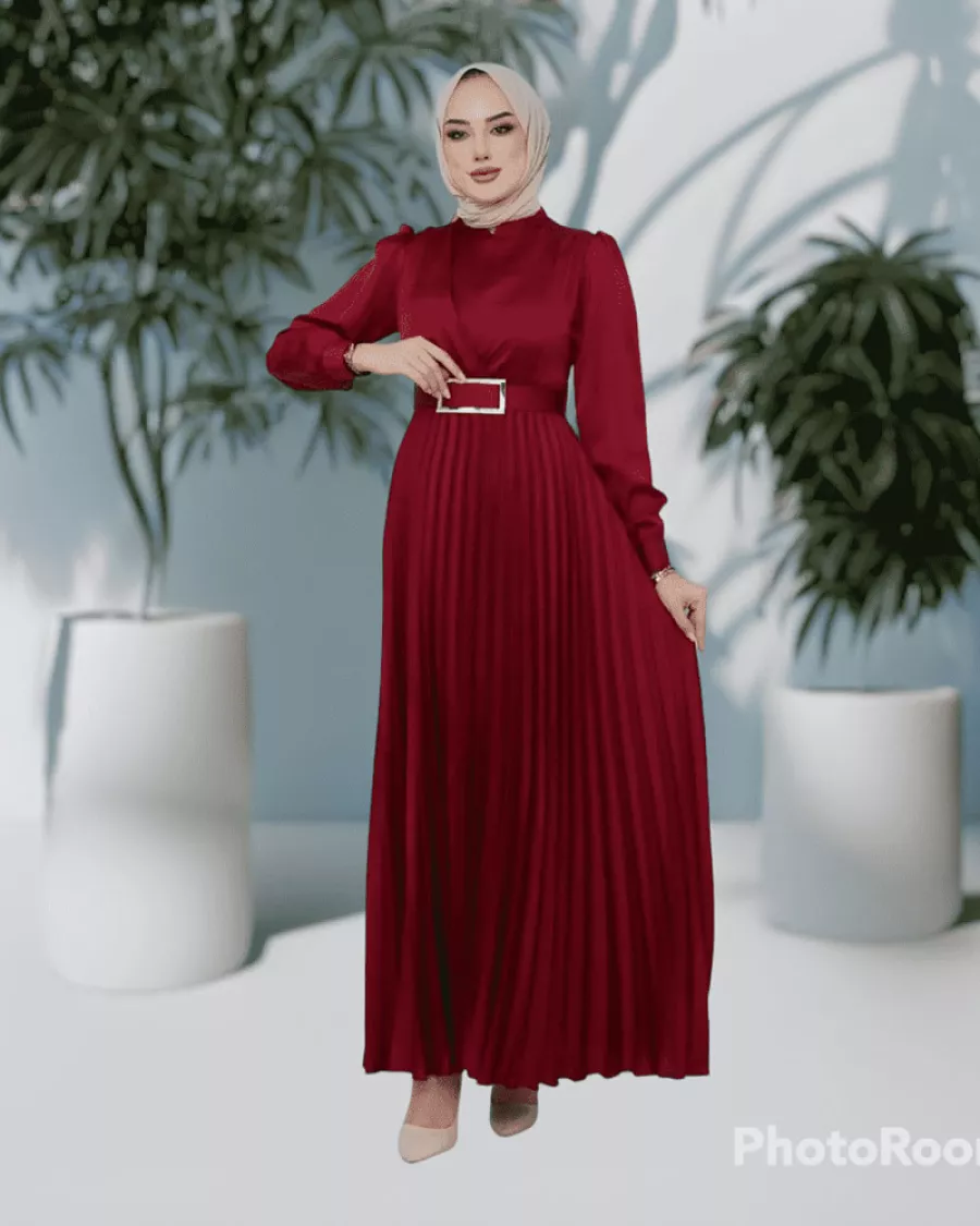 Parlak Saten Pilise Etekli Kuşaklı Bordo Abiye Elbise