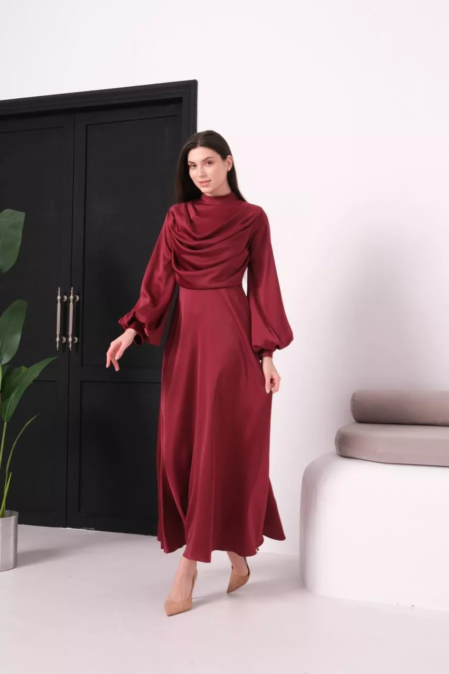 Bordo Degaje Detaylı Uzun Saten Elbise