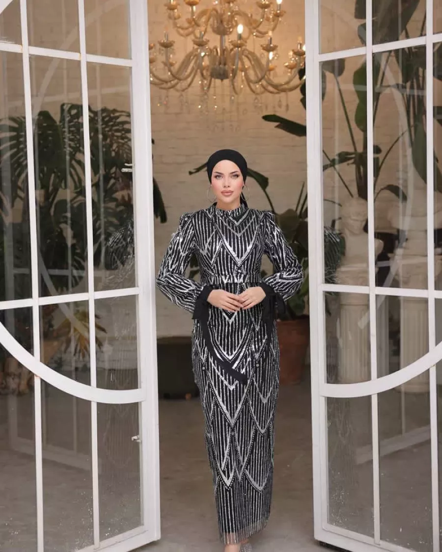 Gümüş Art Deco Simli Lacivert Abiye