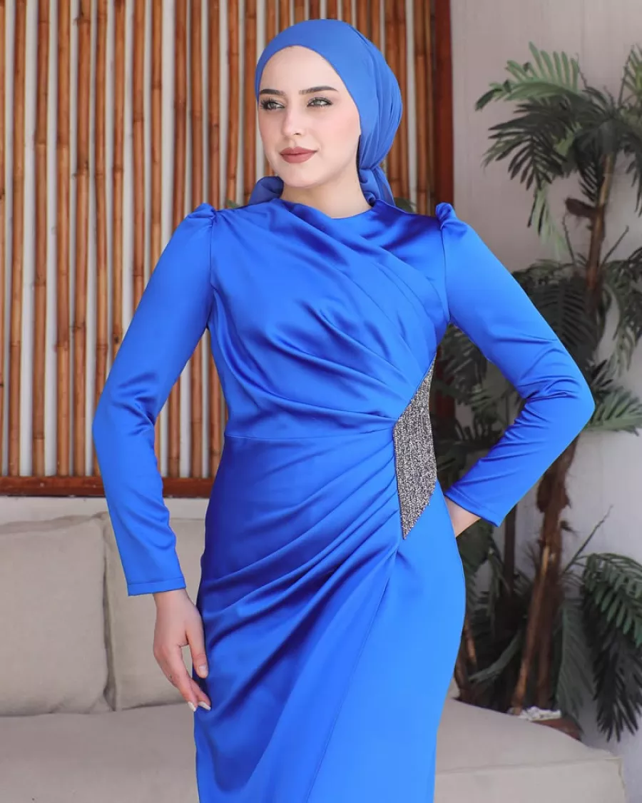 Çapraz Drape Detaylı Saten Elektrik Mavisi Abiye 2