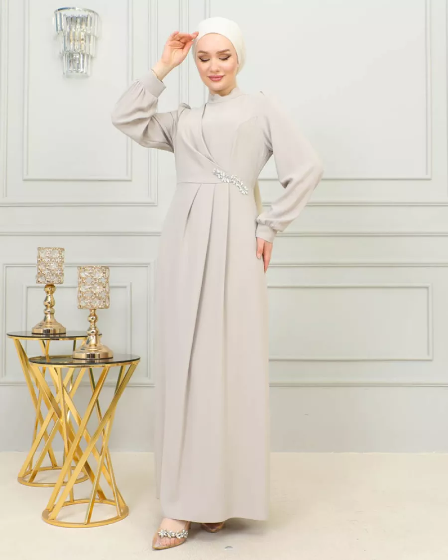 Kruvaze Drape Taş Detaylı Maksi Abiye Elbise