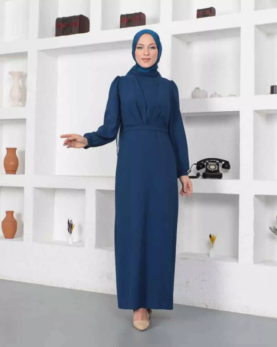 Drape Detaylı Petrol Mavisi Sade Tesettür Elbise