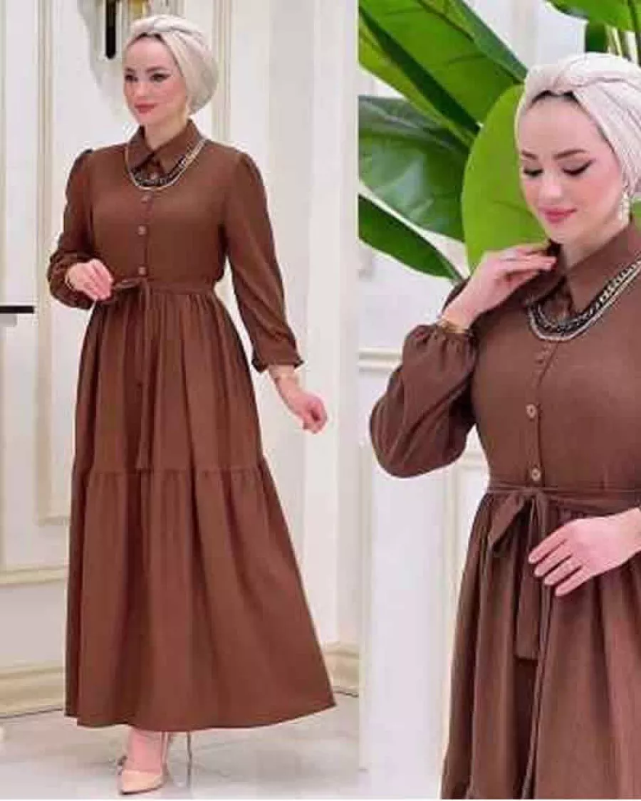 Kahverengi Bürümcük Kumaş Elbise