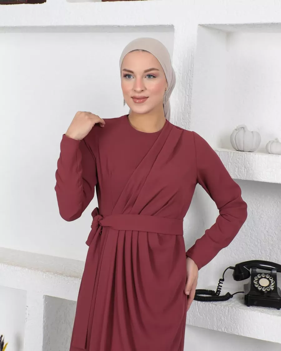 Kuşak Detaylı Gül Kurusu Sade Tesettür Elbise 2