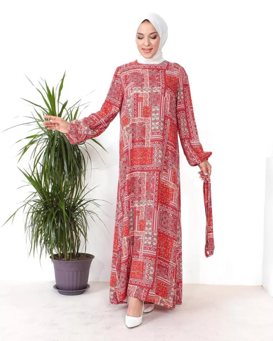 Patchwork Desenli Kuşaklı Uzun Maksi Elbise