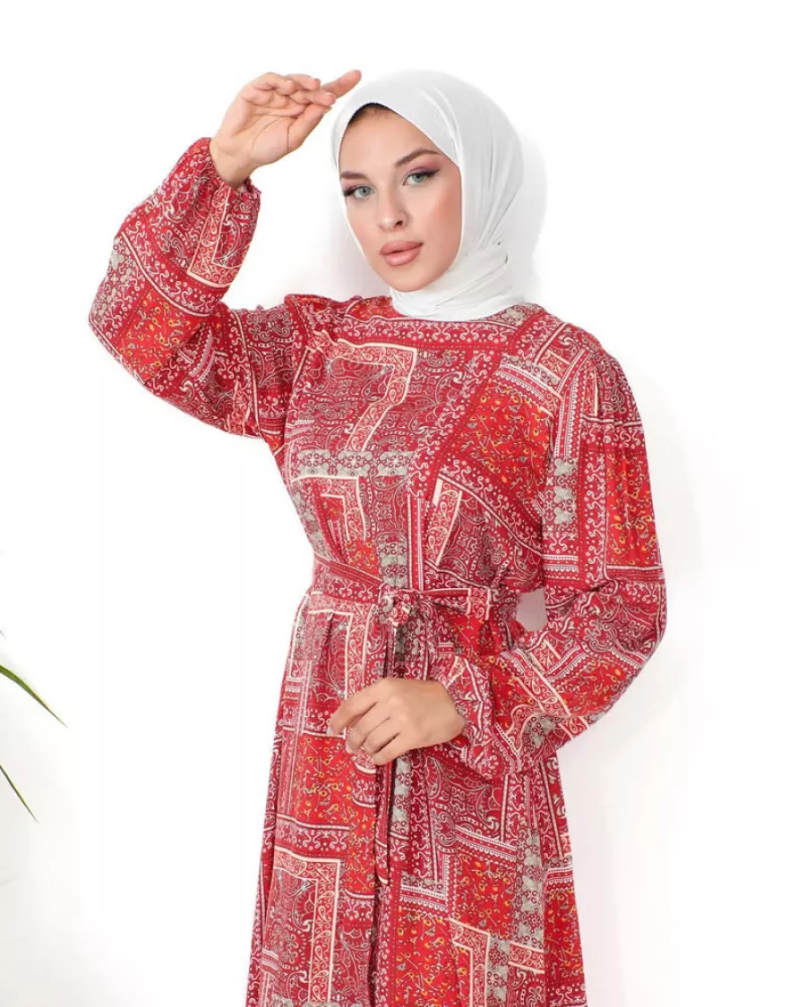 Patchwork Desenli Kuşaklı Uzun Maksi Elbise 2