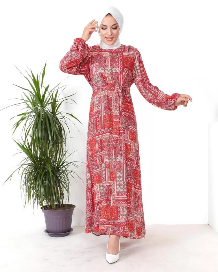 Patchwork Desenli Kuşaklı Uzun Maksi Elbise