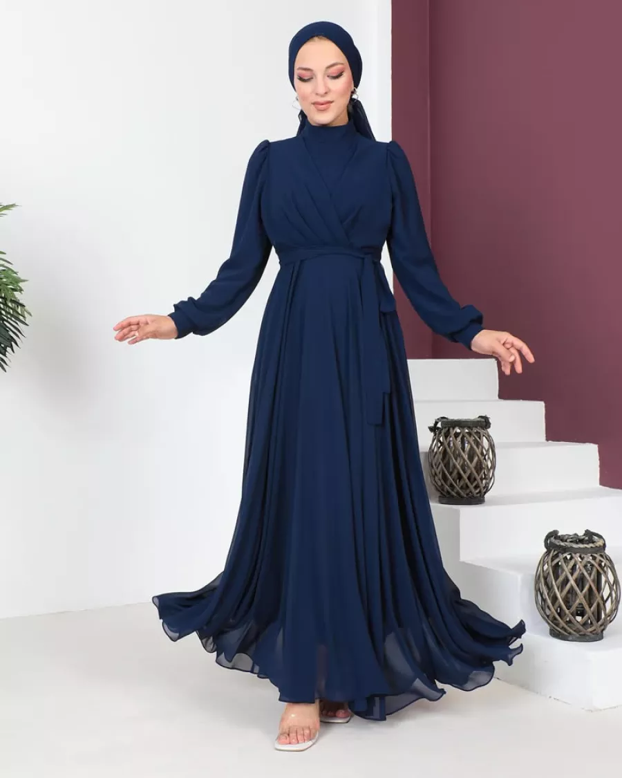 Drape Detaylı Şifon Lacivert Abiye Elbise