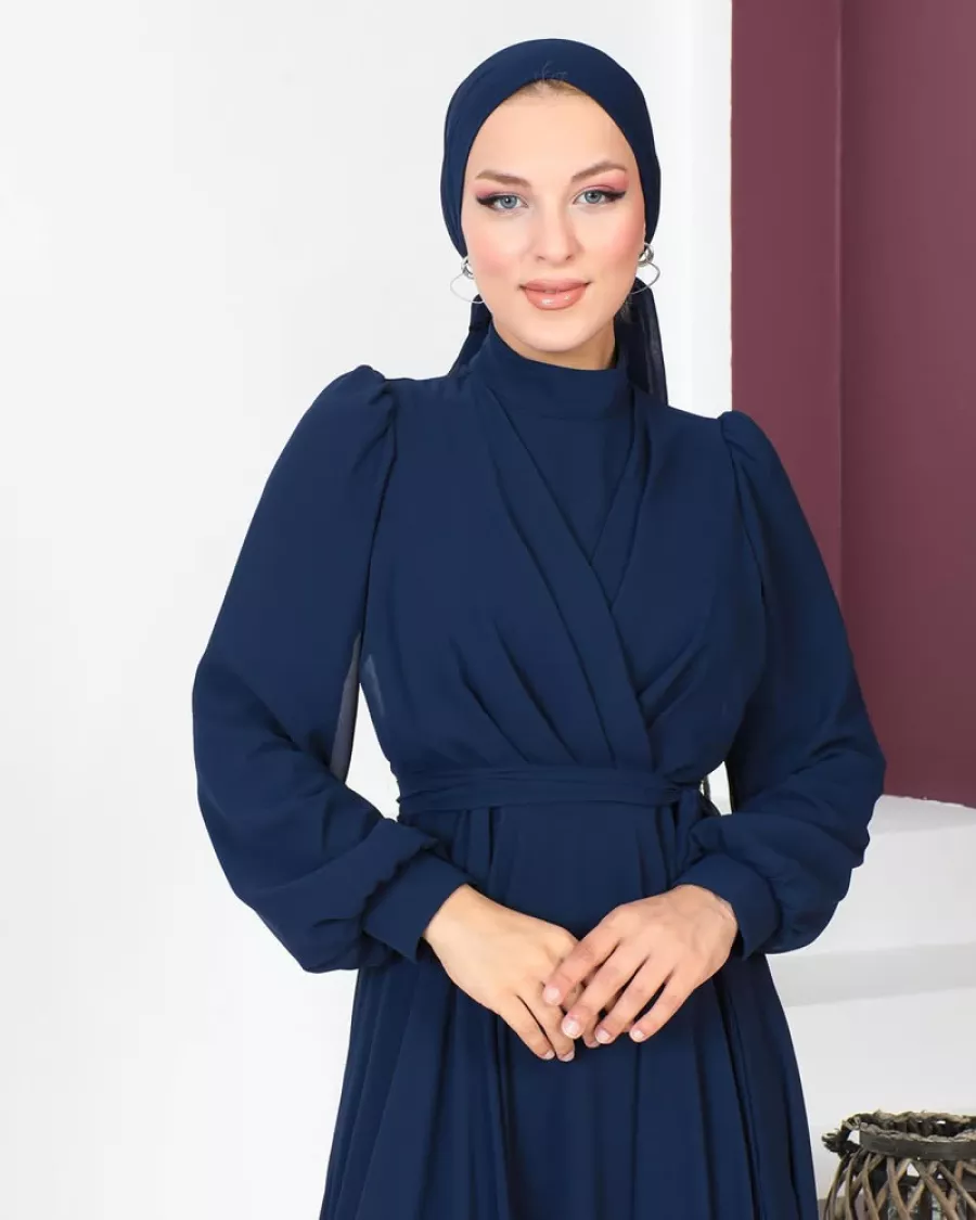 Drape Detaylı Şifon Lacivert Abiye Elbise 2