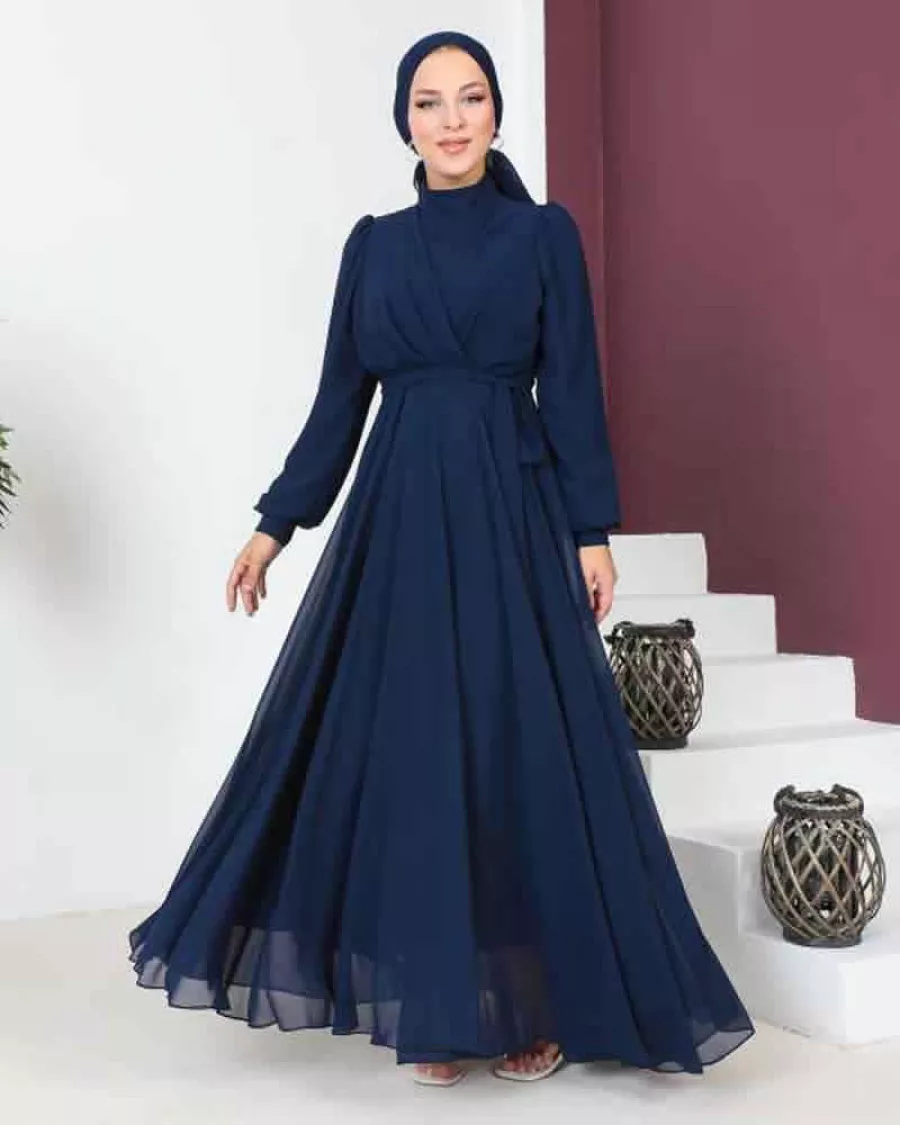 Drape Detaylı Şifon Lacivert Abiye Elbise