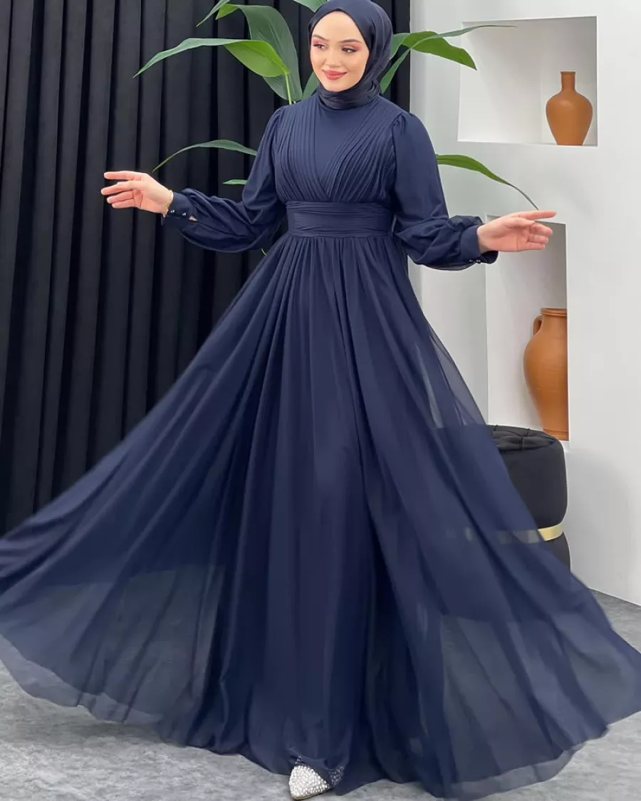 Drape ve Pilise Detaylı Lacivert Tesettür Abiye
