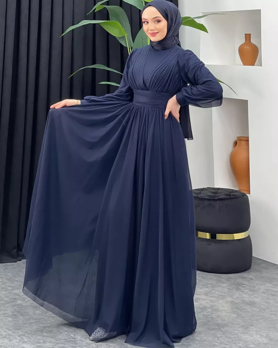 Drape ve Pilise Detaylı Lacivert Tesettür Abiye