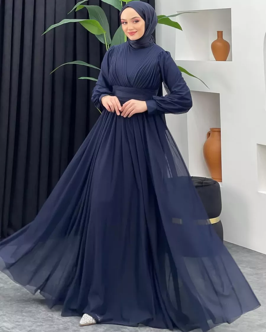 Drape ve Pilise Detaylı Lacivert Tesettür Abiye