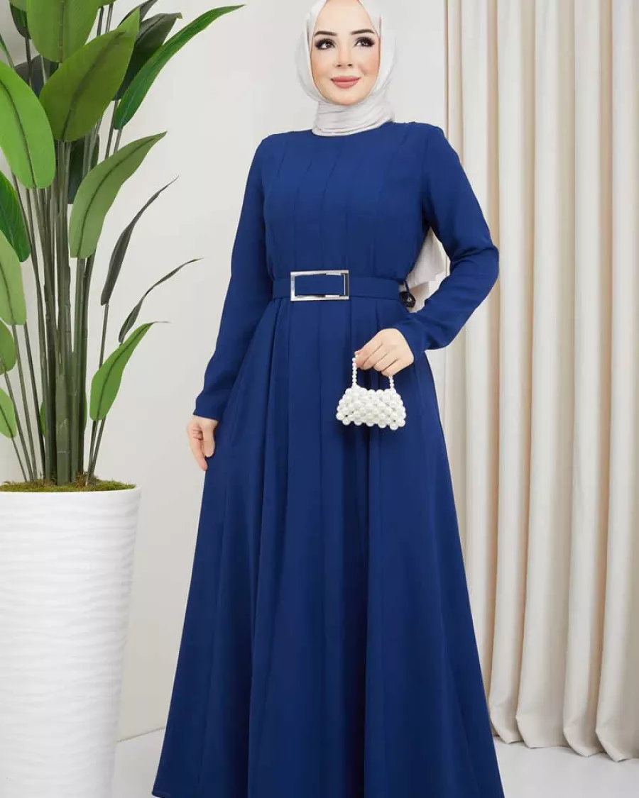 Tokalı Kemer Detaylı Kobalt Mavi Mevlana Elbise