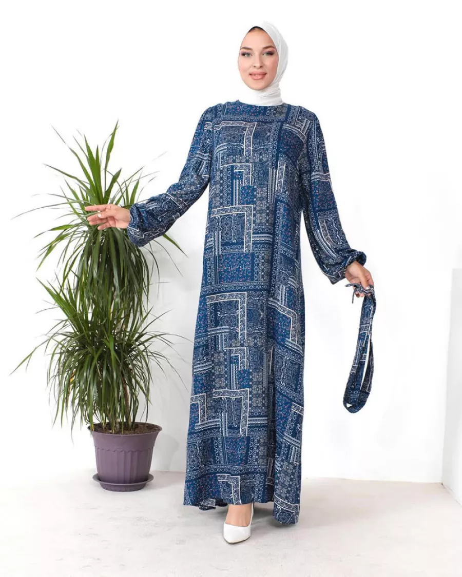 Saks Mavi Patchwork Desenli Kuşaklı Elbise