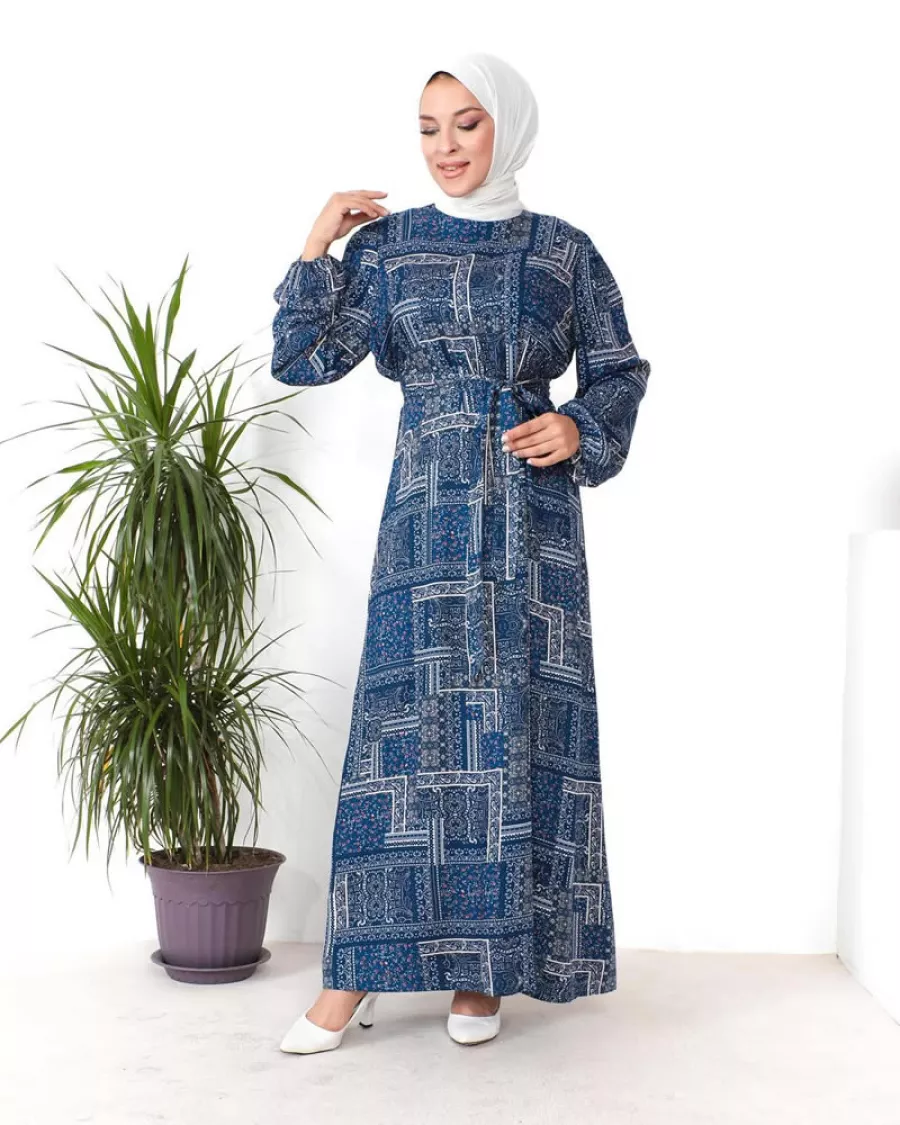 Saks Mavi Patchwork Desenli Kuşaklı Elbise