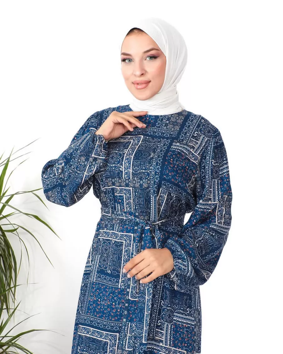 Saks Mavi Patchwork Desenli Kuşaklı Elbise 2