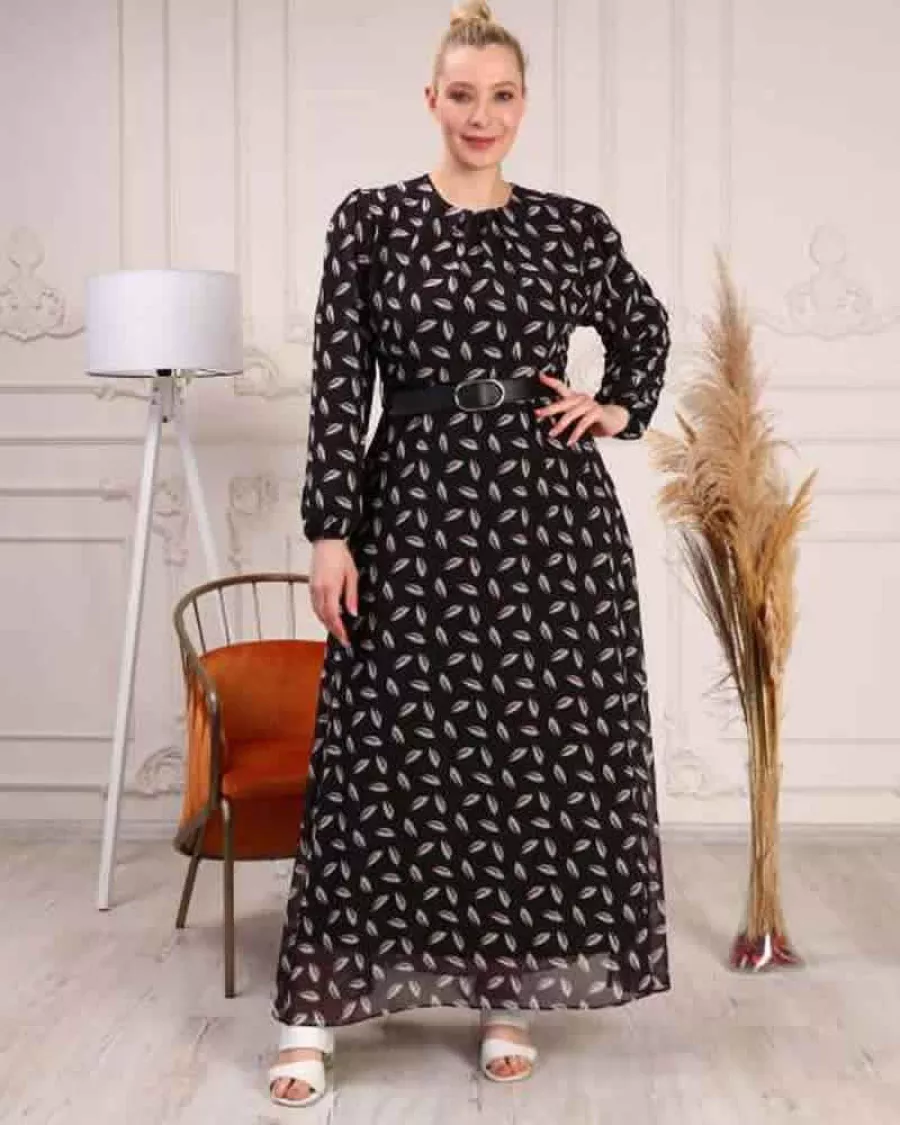 Yaprak Desenli, Kuşaklı Uzun Kollu Şifon Elbise