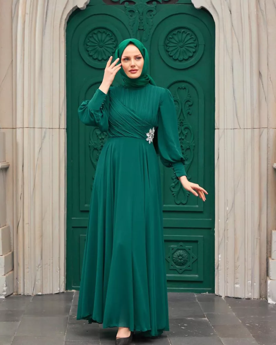 Drape Detaylı Zümrüt Yeşili Abiye Elbise