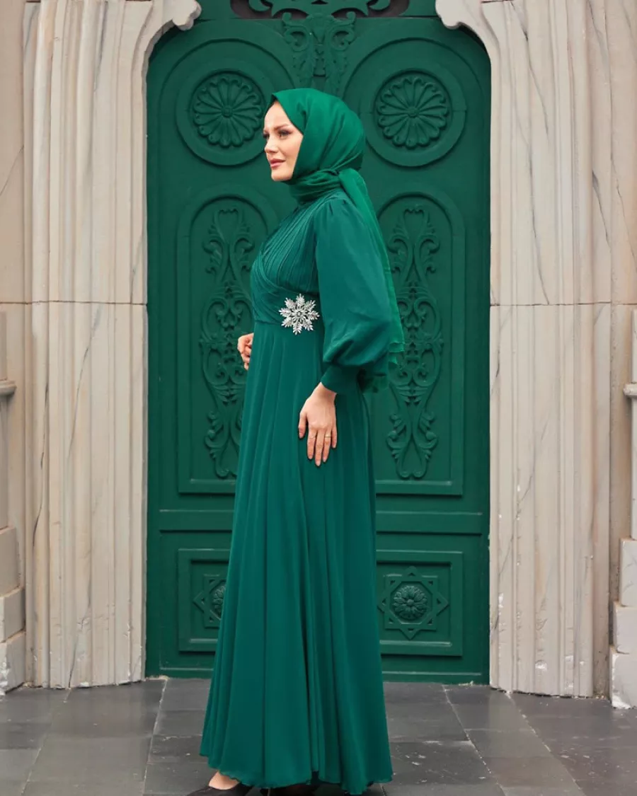 Drape Detaylı Zümrüt Yeşili Abiye Elbise 2